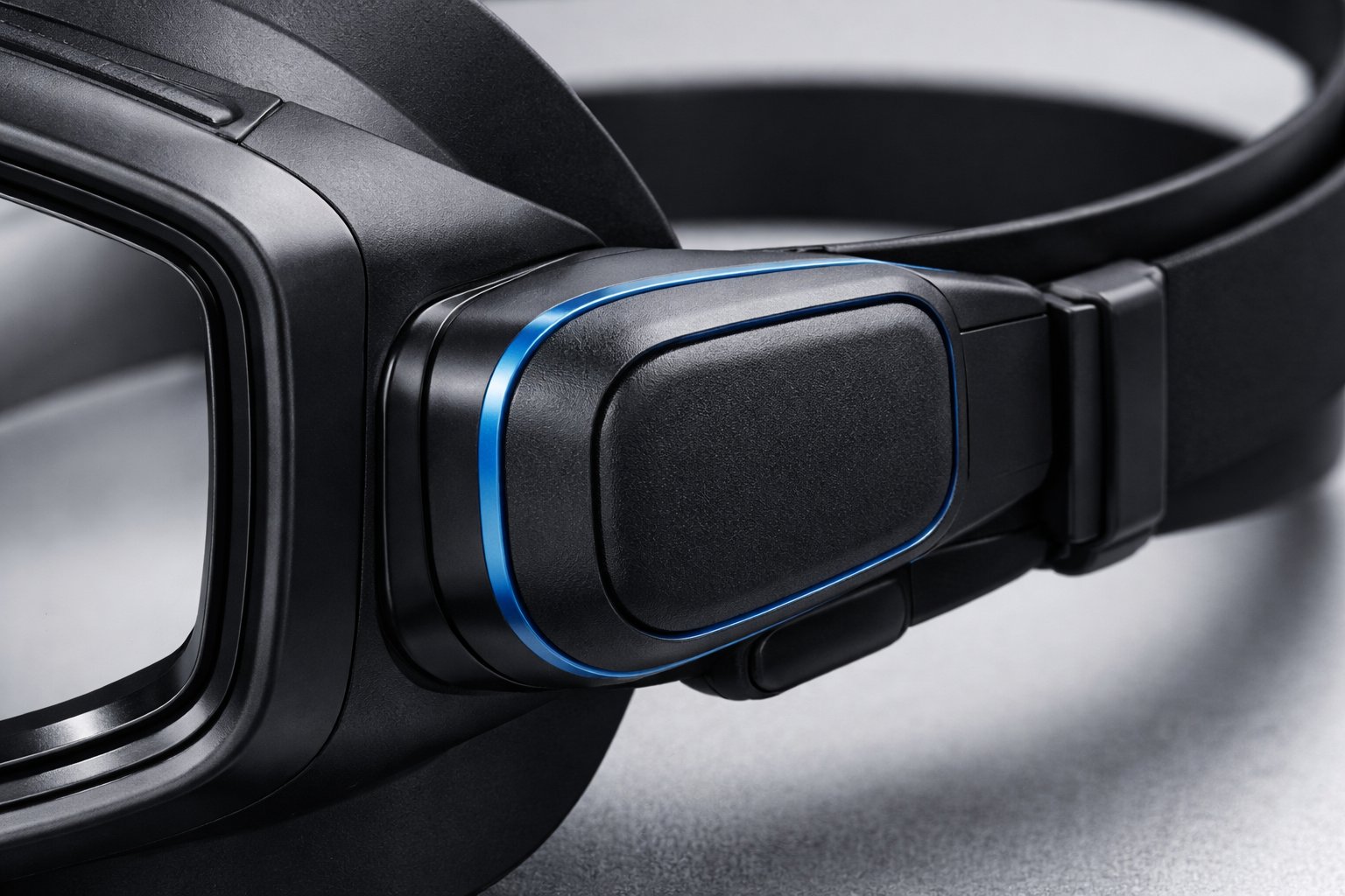 Close-up of bone conduction speaker pod with blue accent ring